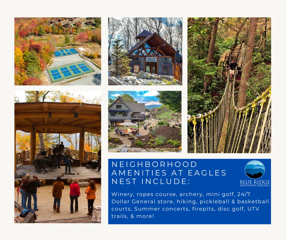 The vibrant resort grounds featuring a ropes course, archery range, mini golf area, an outdoor concert stage, and luxurious cabins, all set against scenic mountain views. People engage in various activities, creating a festive and adventurous atmosphere.